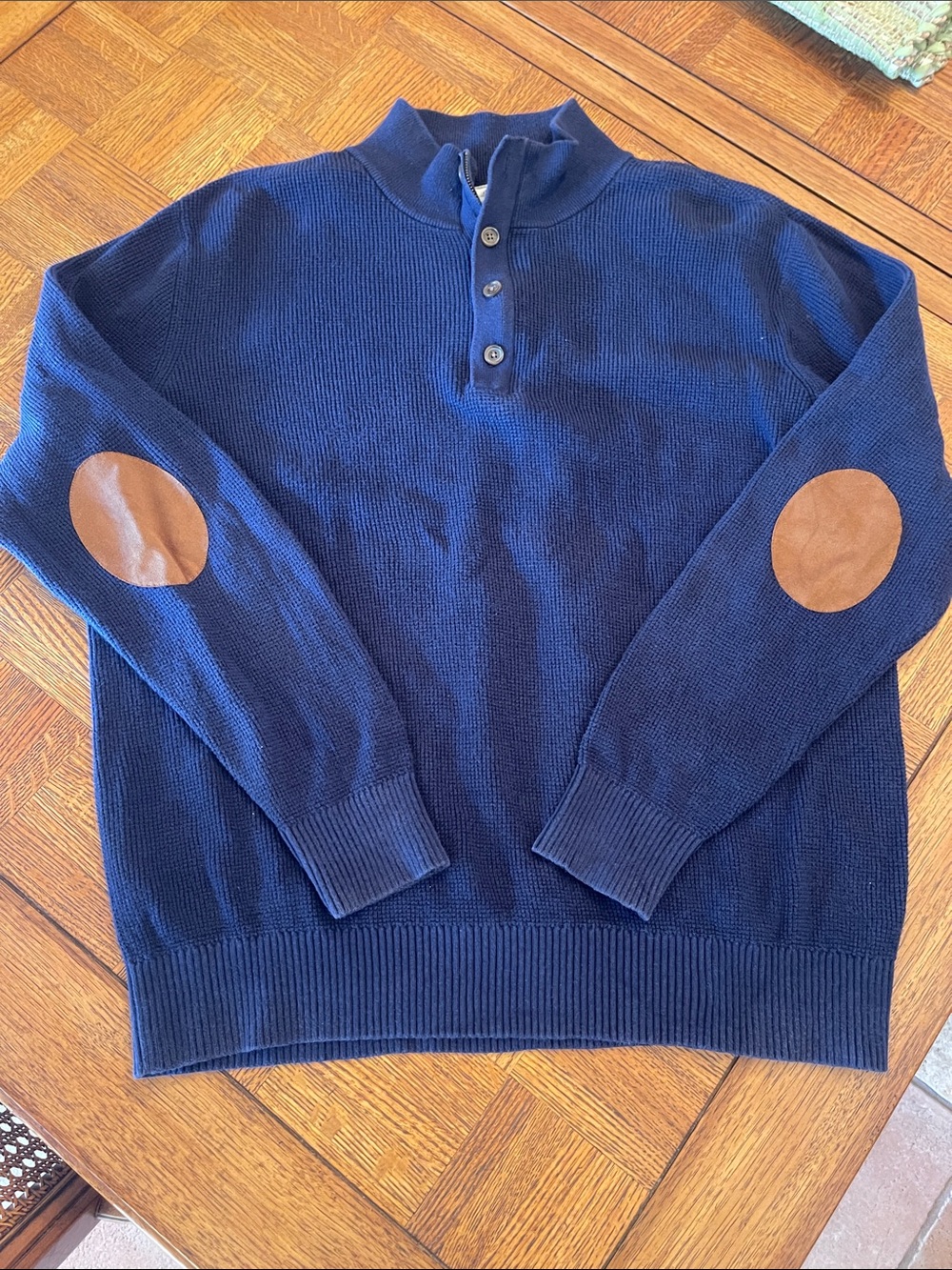 Hope & He Ty Men's Navy Half-Zip waffle pullover with Brown Elbow Patches